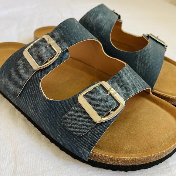 Double Strap Faux Denim Slip On Sandals - Picture 4 of 7